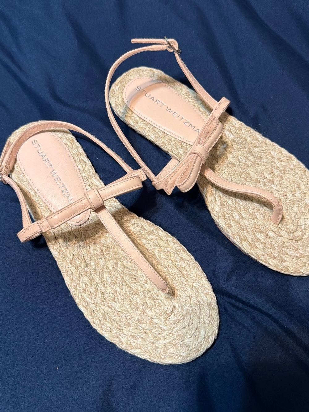 Stuart Weitzman Blush Pink Leather Espadrille T-strap Sandals